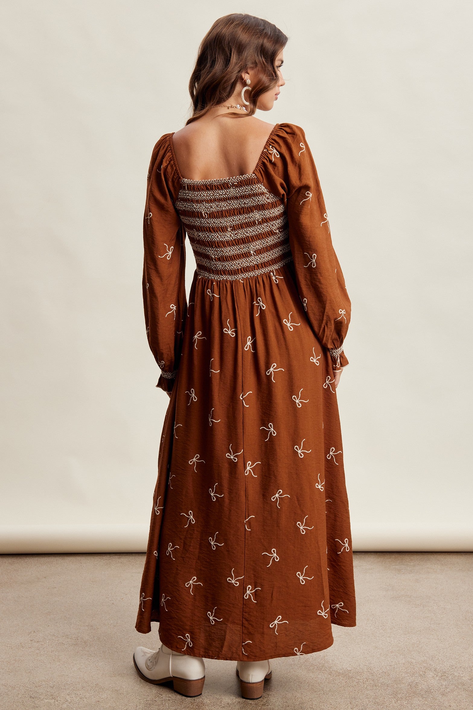 Amorette Embroidered Bow Maxi Dress - Caramel