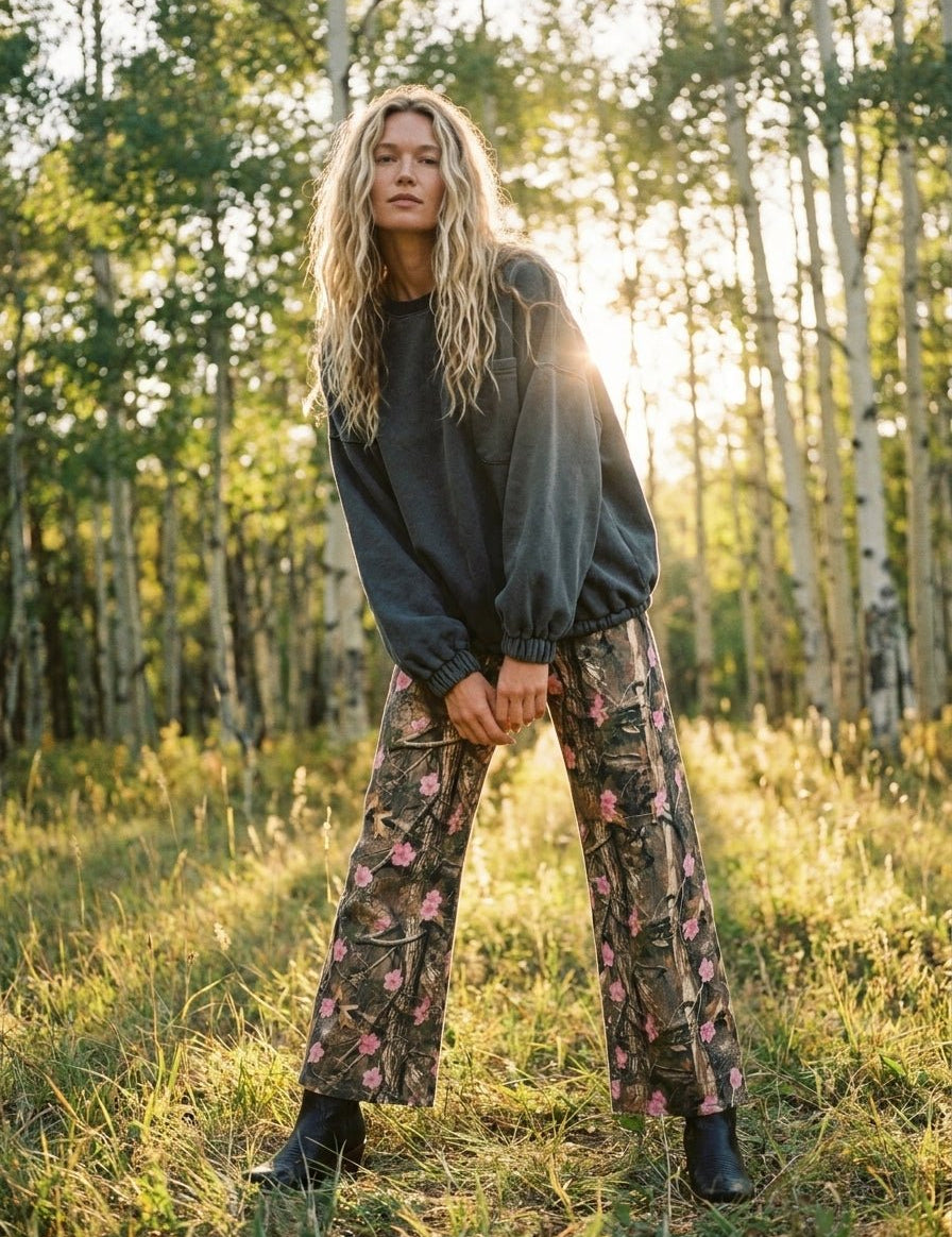 Apex Floral Camo Print Barrel Cropped Pants - Westly