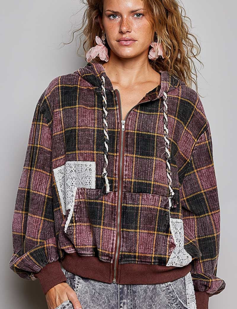 Apple Cider Lace-Trimmed Plaid Hoodie - Westly