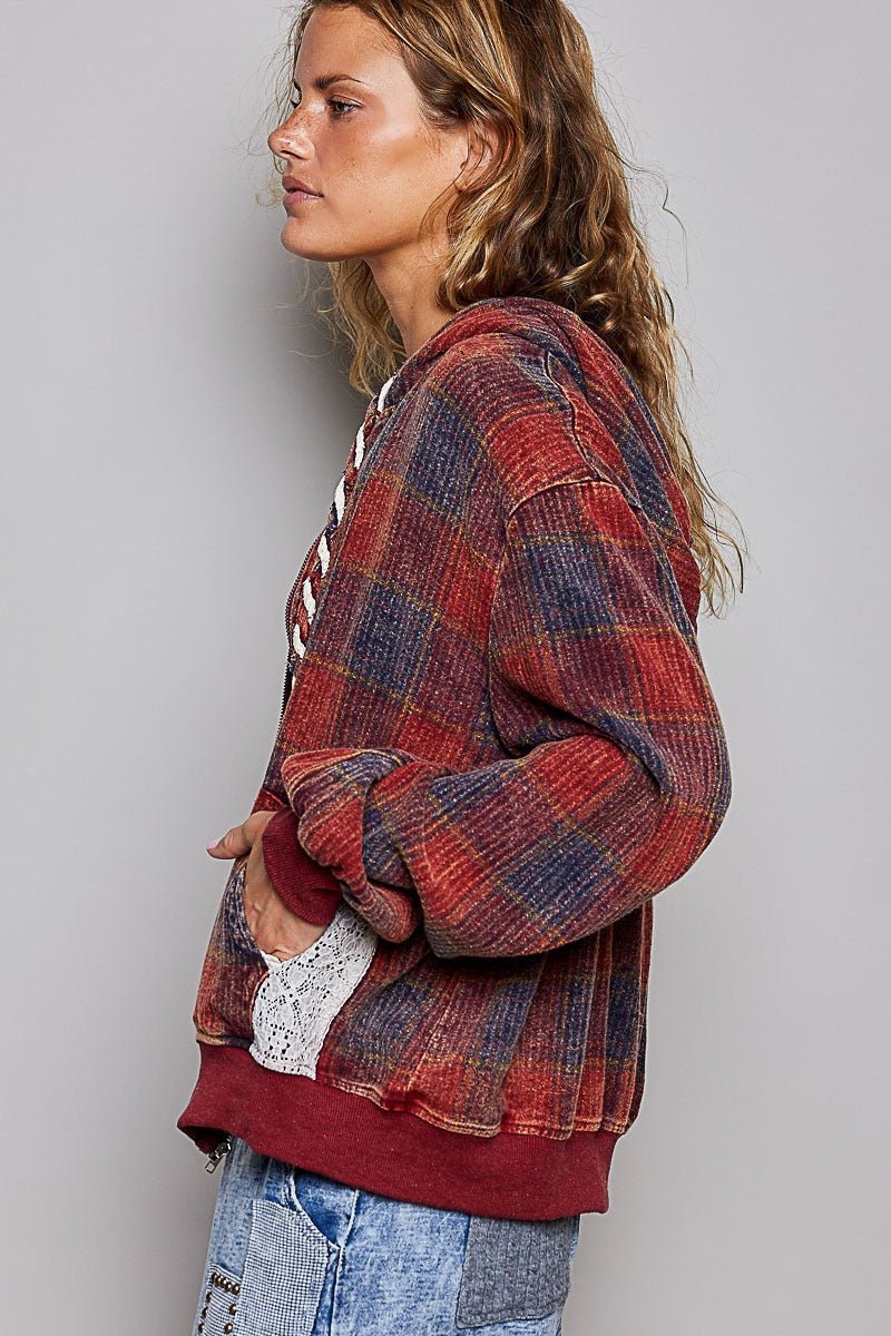 Apple Cider Lace-Trimmed Plaid Hoodie - Westly