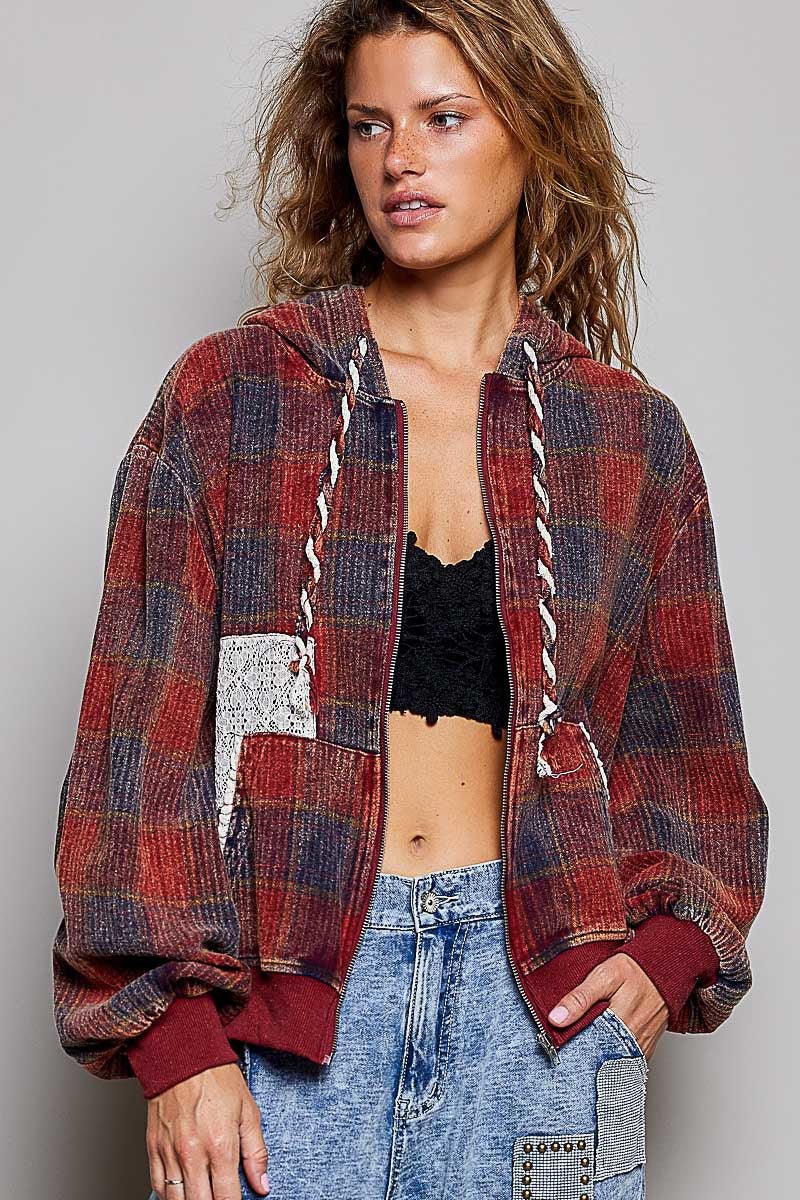 Apple Cider Lace-Trimmed Plaid Hoodie - Westly