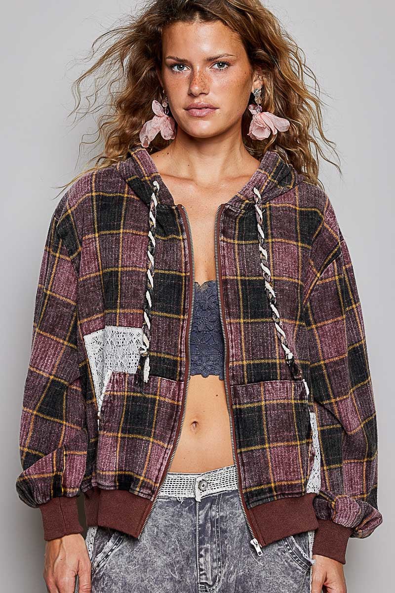 Apple Cider Lace-Trimmed Plaid Hoodie - Westly