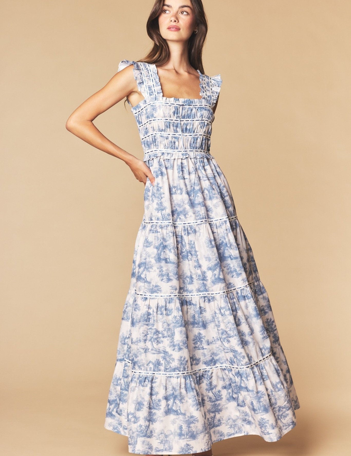 Araminta Smocked Toile Maxi Dress - Westly