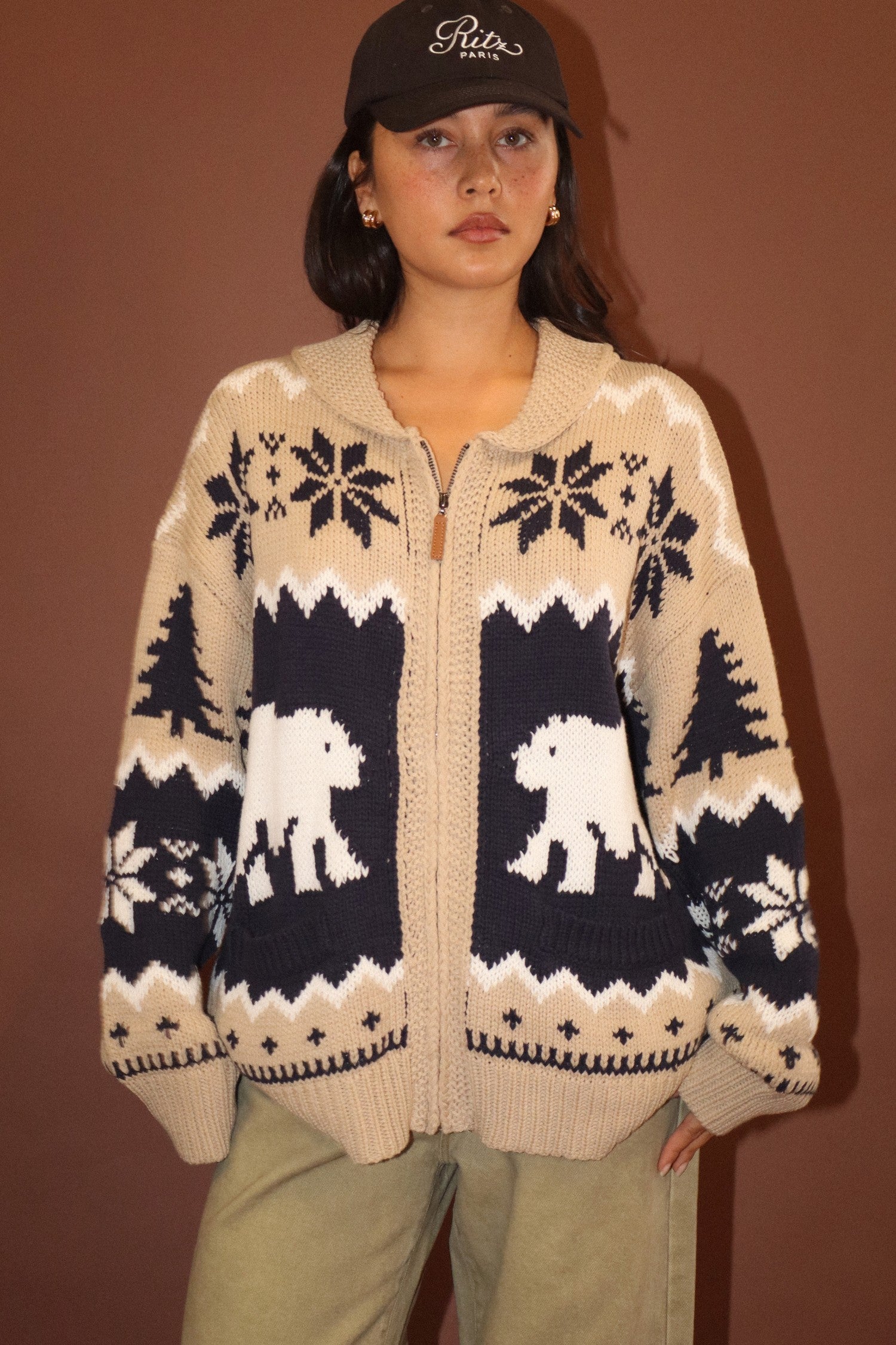 Arctic Lodge Polar Bear Zip Cardigan - Tan Navy