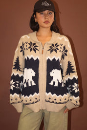 Arctic Lodge Polar Bear Zip Cardigan - Tan Navy