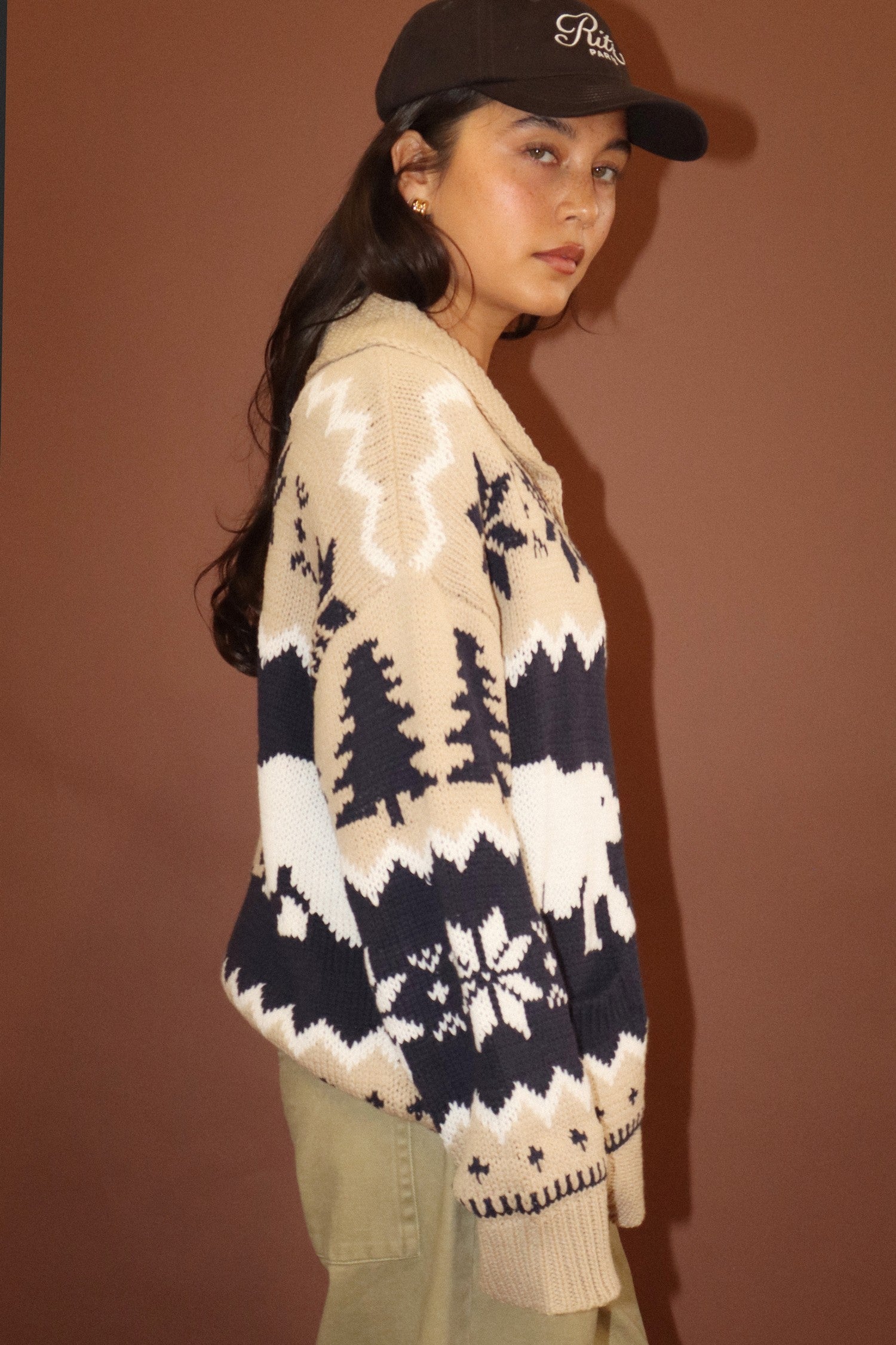 Arctic Lodge Polar Bear Zip Cardigan - Tan Navy