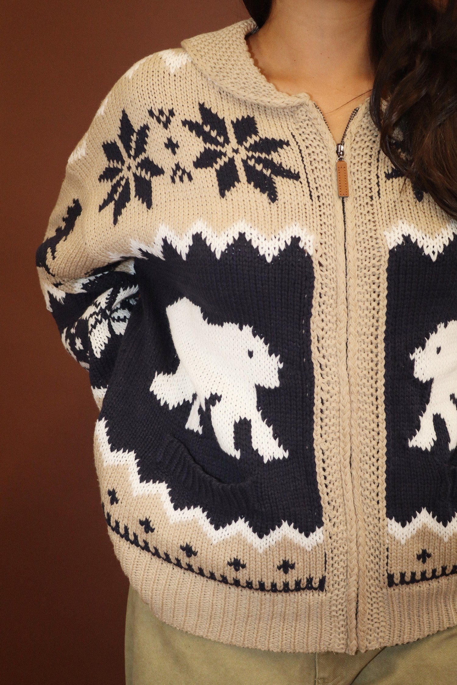 Arctic Lodge Polar Bear Zip Cardigan - Tan Navy