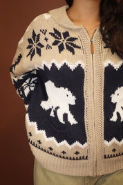 Arctic Lodge Polar Bear Zip Cardigan - Tan Navy