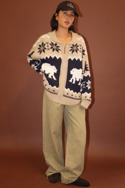 Arctic Lodge Polar Bear Zip Cardigan - Tan Navy