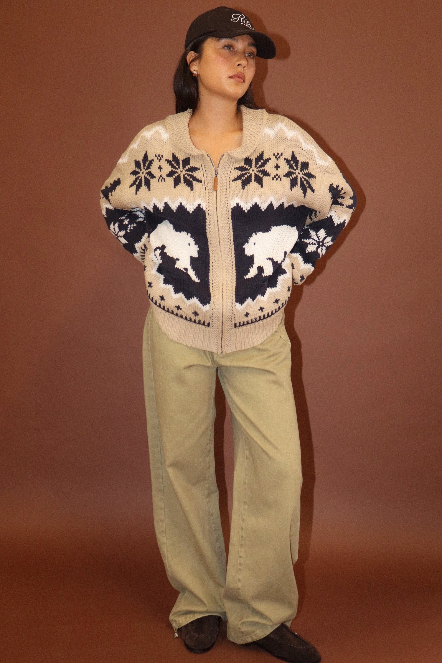 Arctic Lodge Polar Bear Zip Cardigan - Tan Navy