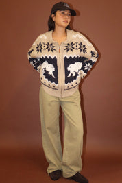 Arctic Lodge Polar Bear Zip Cardigan - Tan Navy