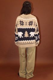 Arctic Lodge Polar Bear Zip Cardigan - Tan Navy