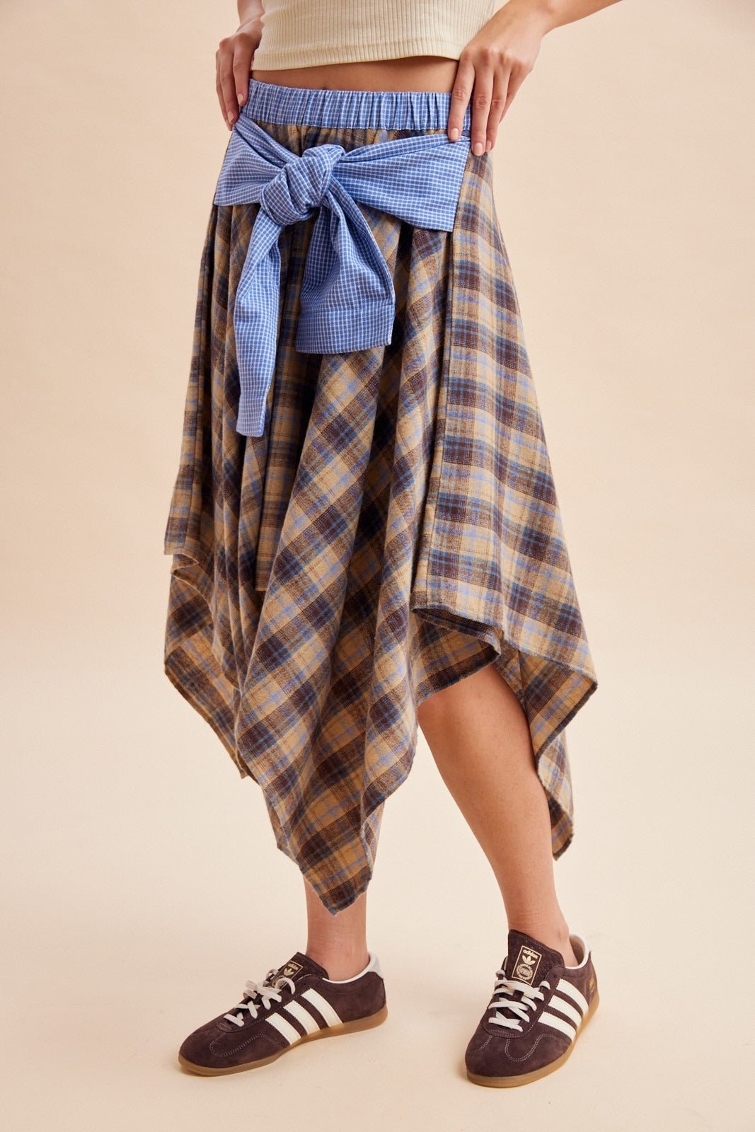 Ashby Plaid Asymmetrical Hem Midi Skirt With Waist Tie - Westly