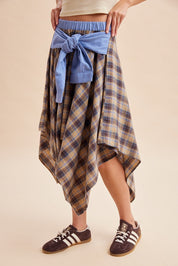 Ashby Plaid Asymmetrical Hem Midi Skirt With Waist Tie - Westly