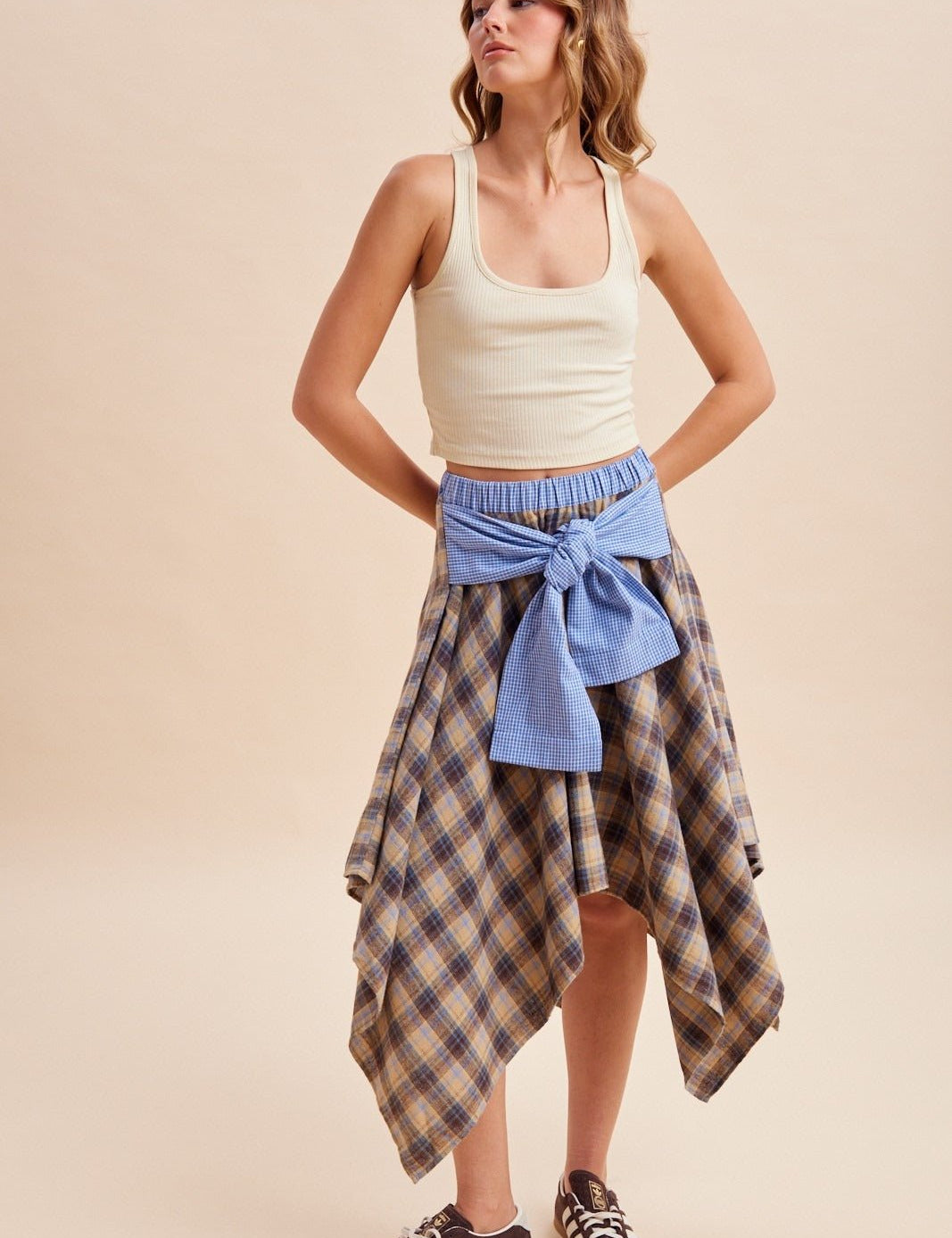 Ashby Plaid Asymmetrical Hem Midi Skirt With Waist Tie - Westly