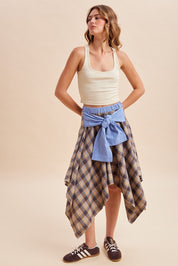 Ashby Plaid Asymmetrical Hem Midi Skirt With Waist Tie - Westly