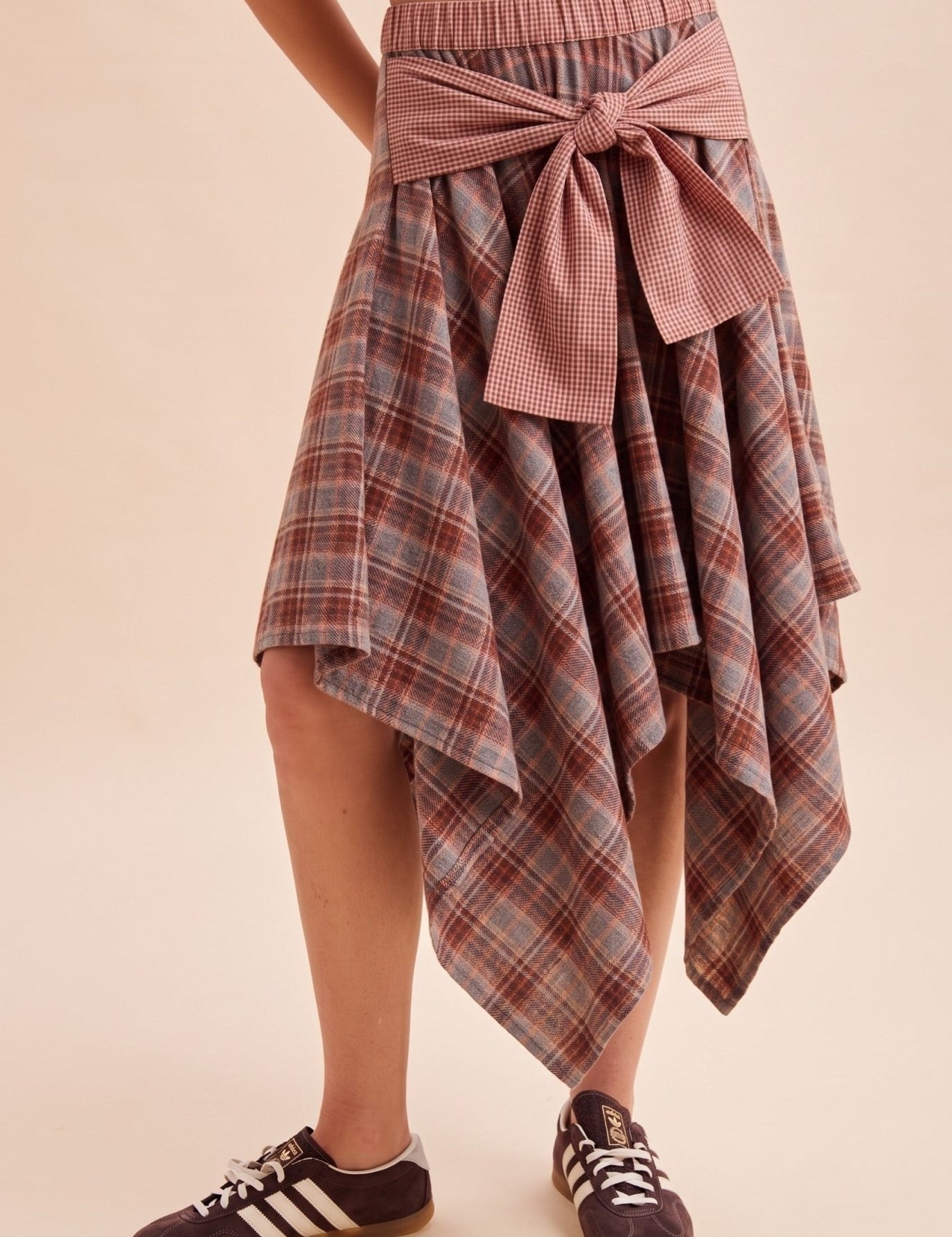 Ashby Plaid Asymmetrical Hem Midi Skirt With Waist Tie - Westly