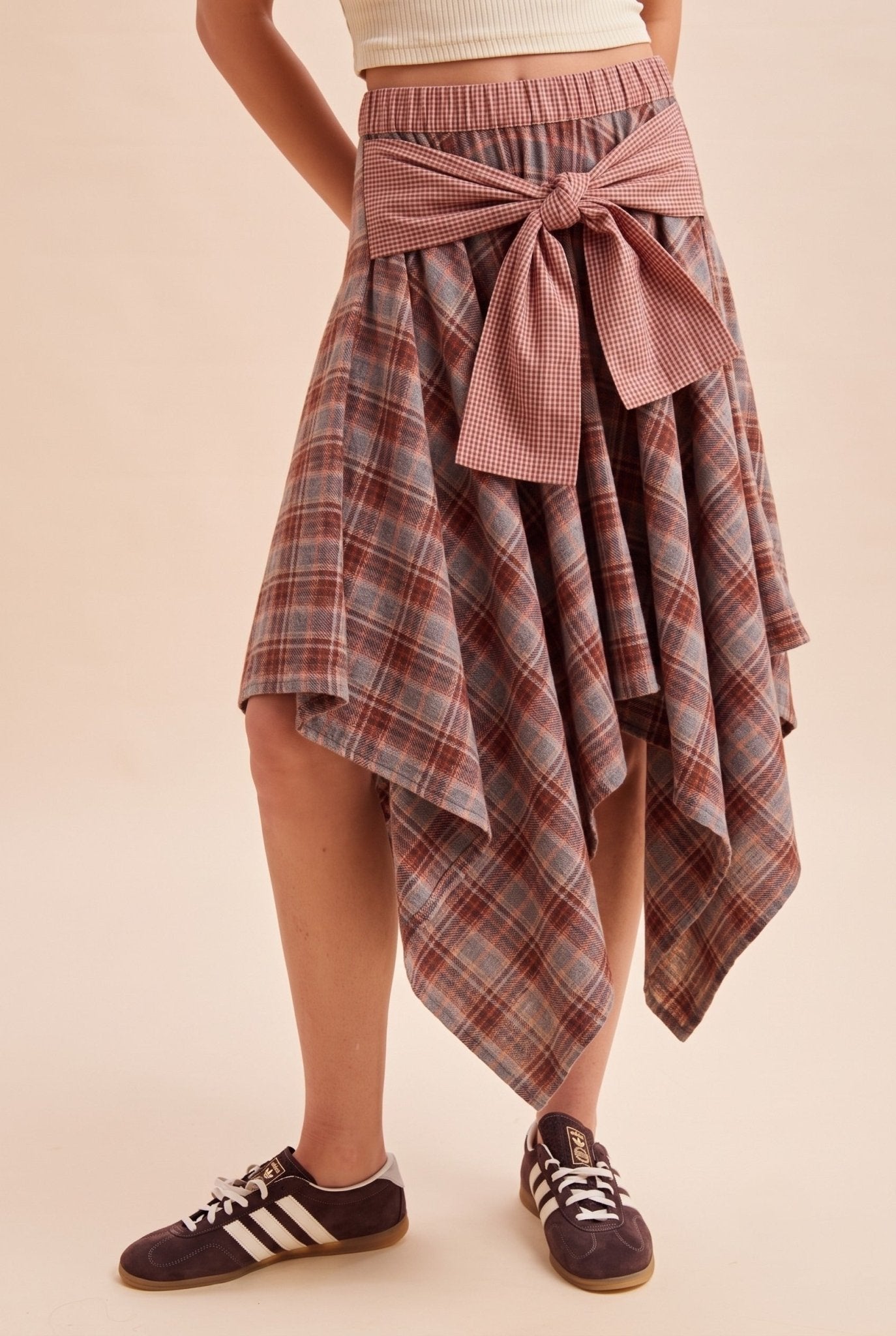 Ashby Plaid Asymmetrical Hem Midi Skirt With Waist Tie - Westly