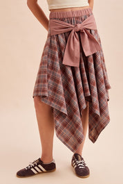 Ashby Plaid Asymmetrical Hem Midi Skirt With Waist Tie - Westly