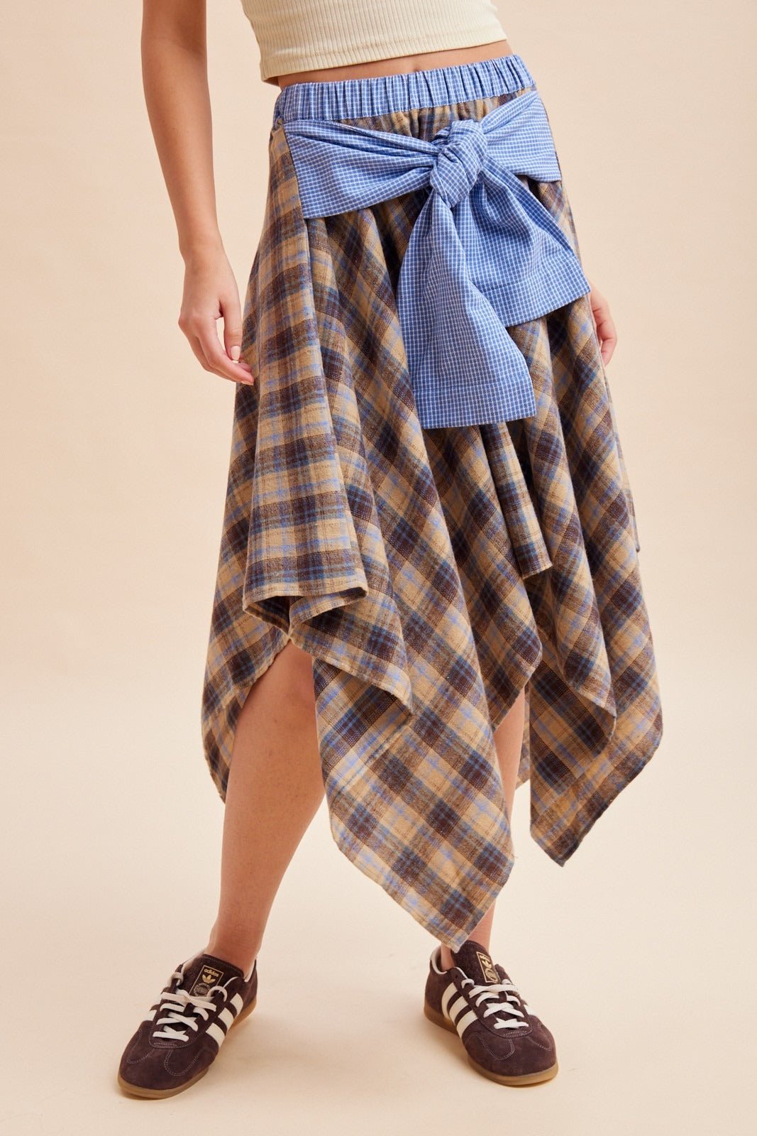 Ashby Plaid Asymmetrical Hem Midi Skirt With Waist Tie - Westly