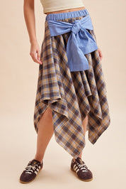 Ashby Plaid Asymmetrical Hem Midi Skirt With Waist Tie - Westly
