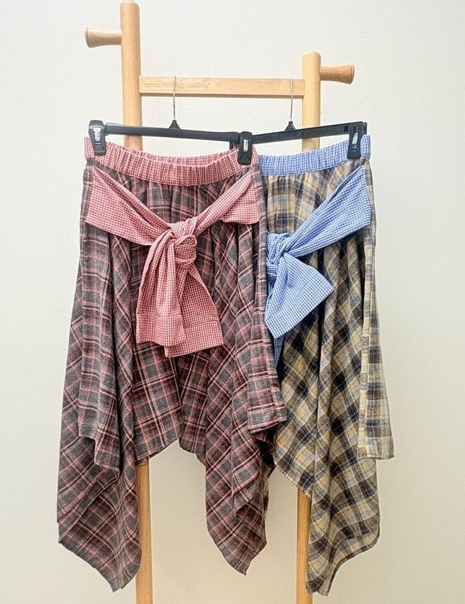 Ashby Plaid Asymmetrical Hem Midi Skirt With Waist Tie - Westly