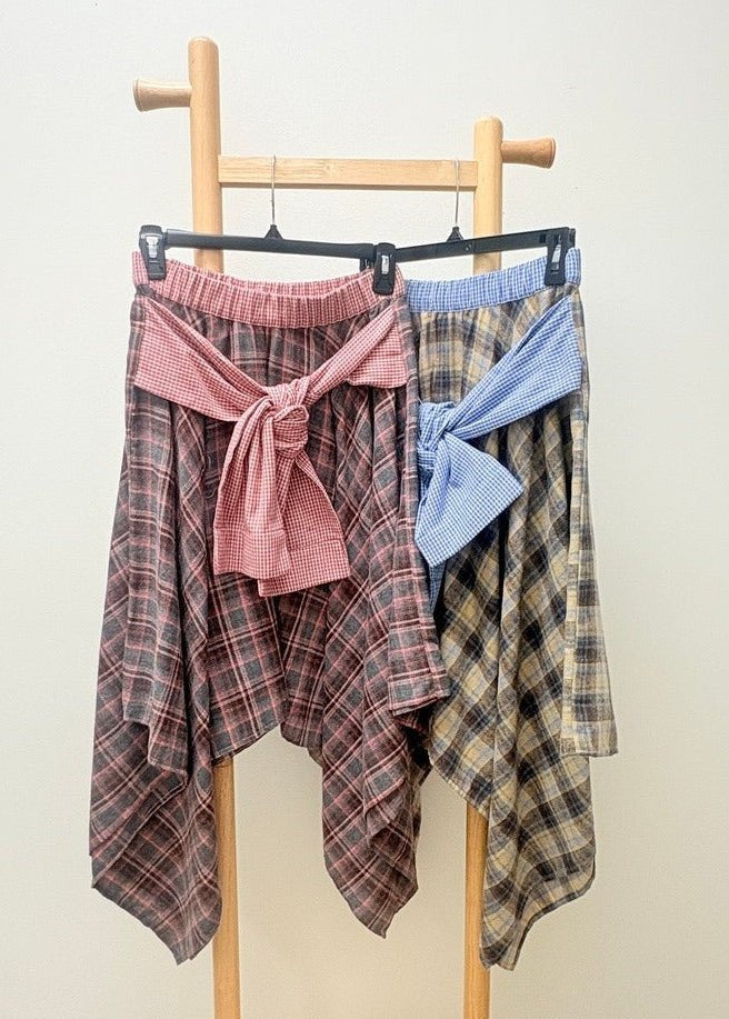 Ashby Plaid Asymmetrical Hem Midi Skirt With Waist Tie - Westly
