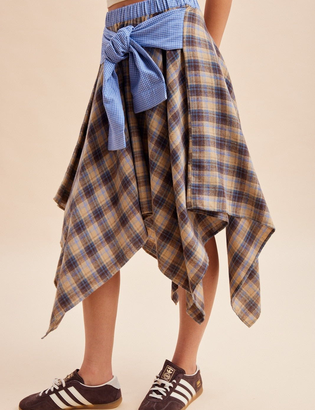 Ashby Plaid Asymmetrical Hem Midi Skirt With Waist Tie - Westly