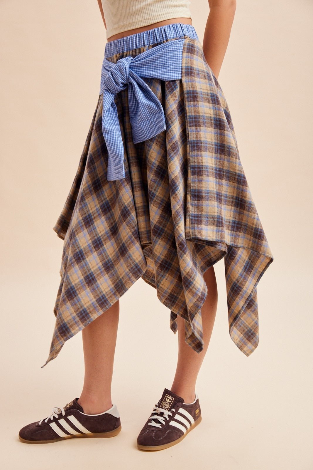 Ashby Plaid Asymmetrical Hem Midi Skirt With Waist Tie - Westly