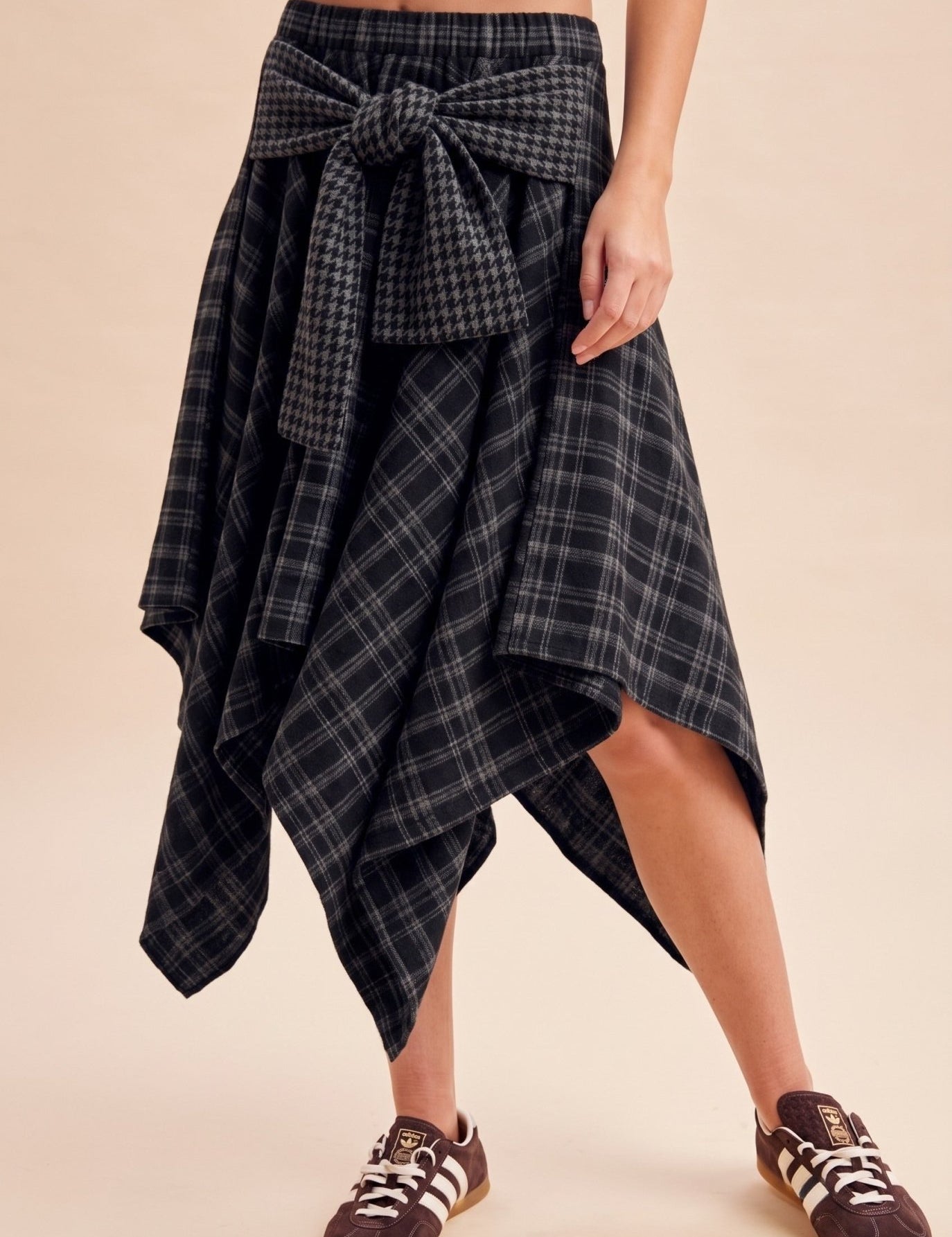 Ashby Plaid Asymmetrical Hem Midi Skirt With Waist Tie - Westly