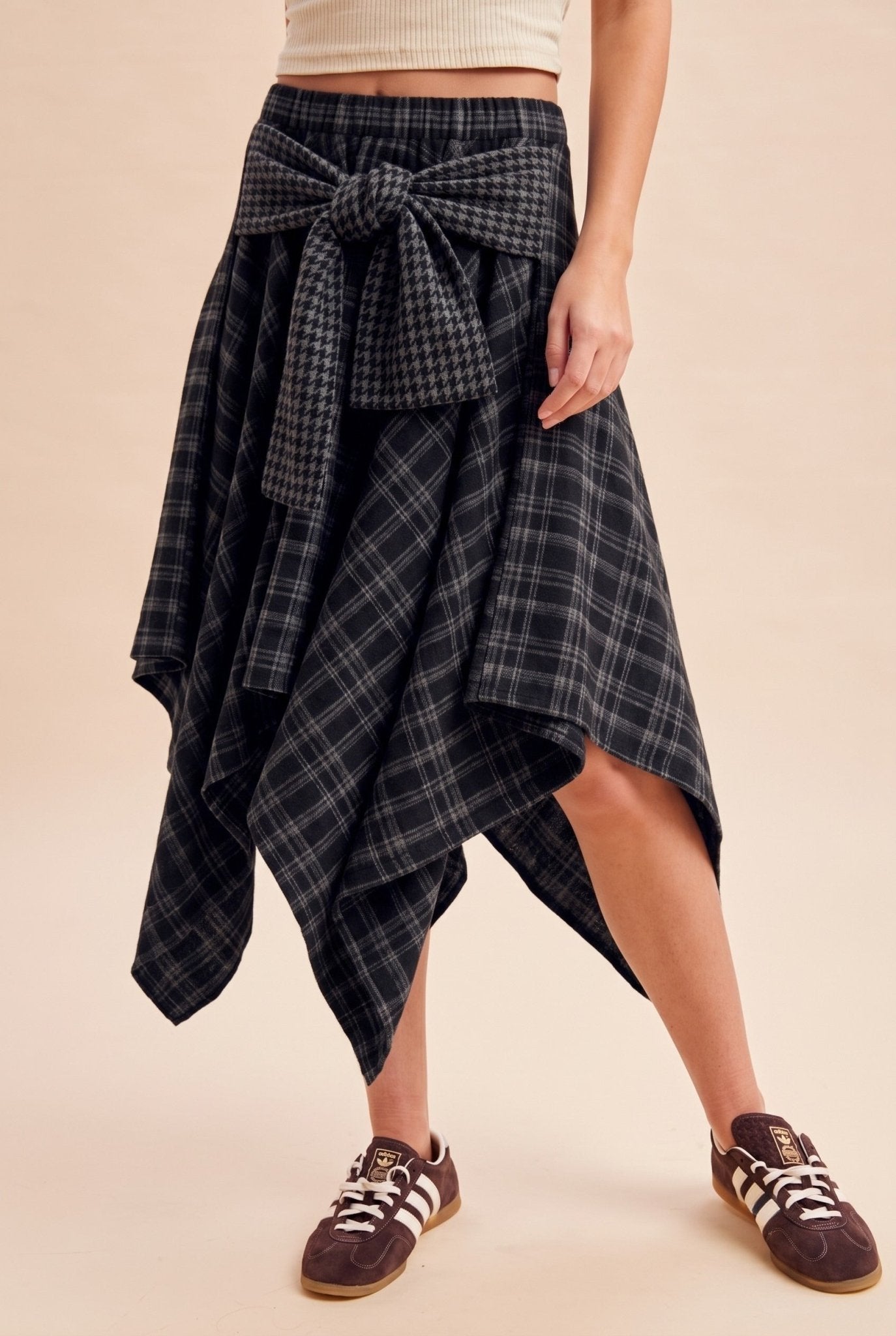 Ashby Plaid Asymmetrical Hem Midi Skirt With Waist Tie - Westly