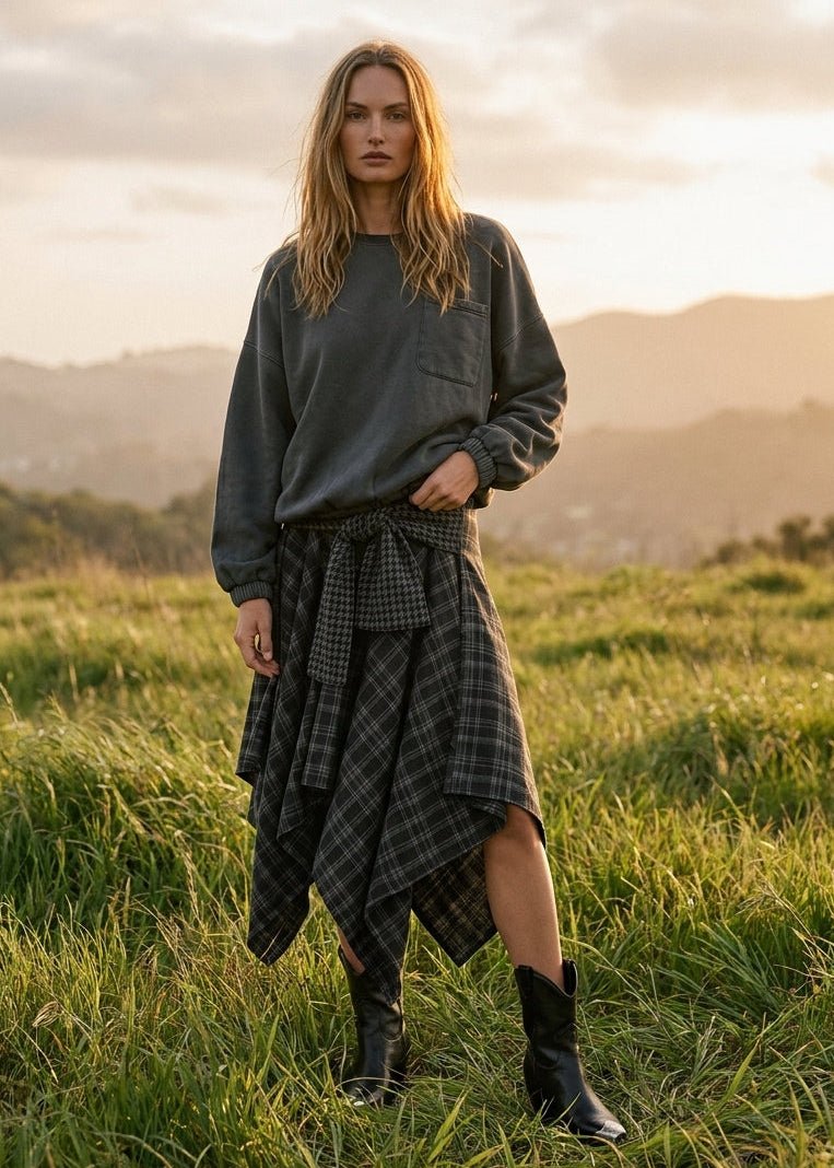 Ashby Plaid Asymmetrical Hem Midi Skirt With Waist Tie - Westly