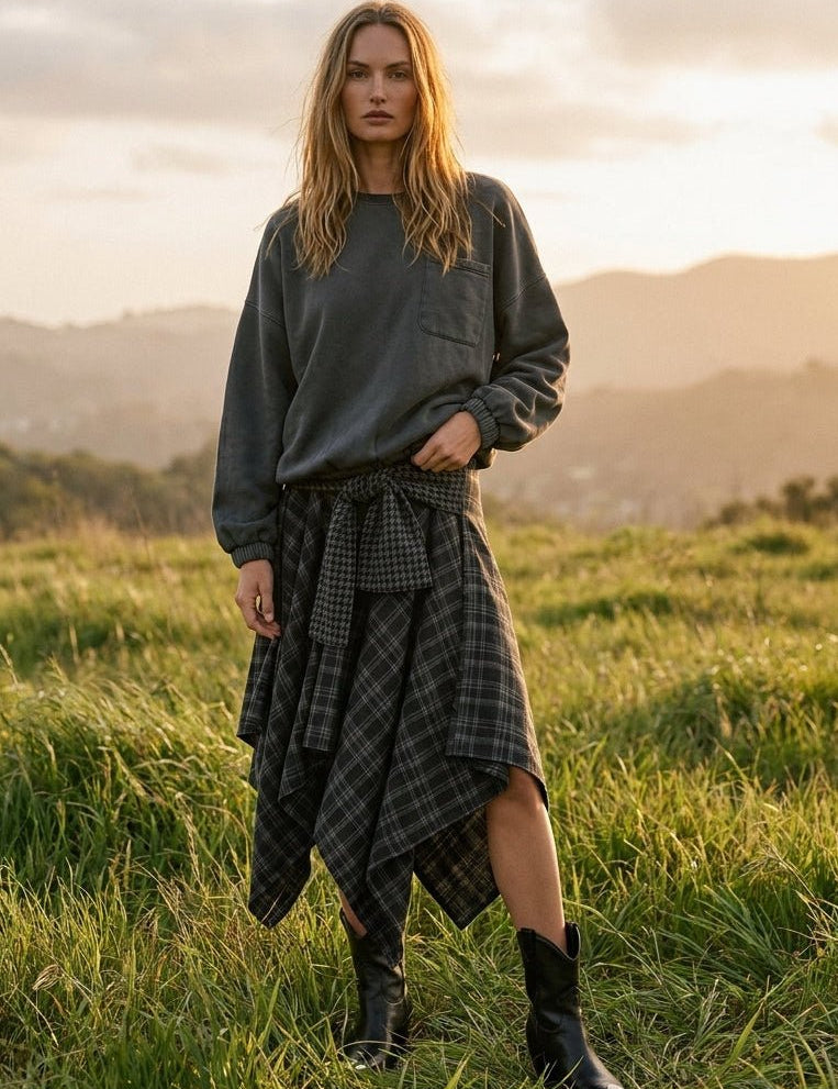 Ashby Plaid Asymmetrical Hem Midi Skirt With Waist Tie - Westly