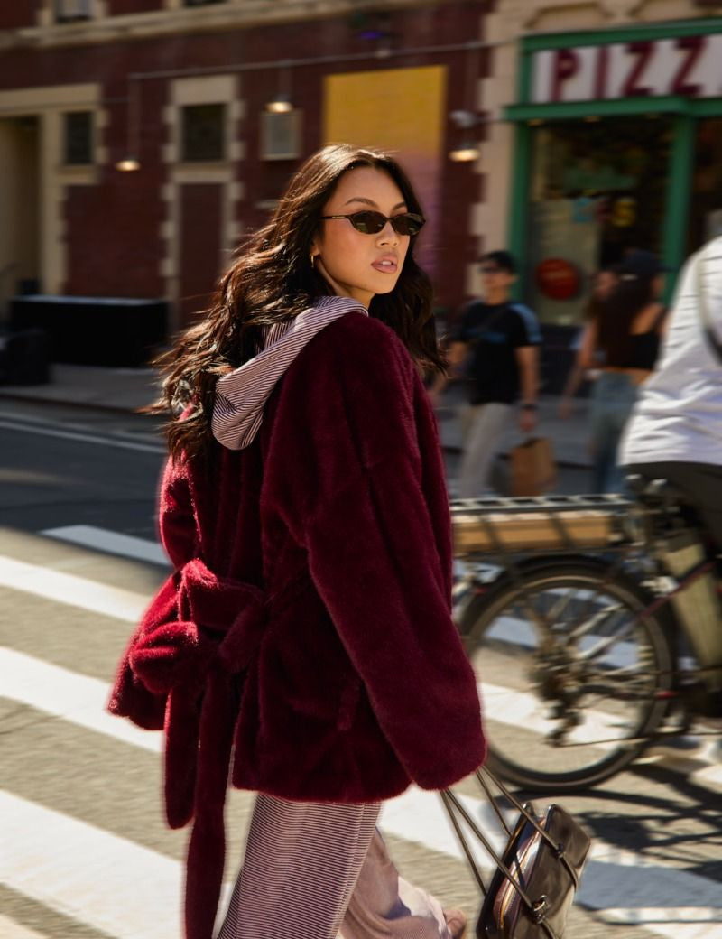Aster Tie Waist Faux Fur Coat in Burgundy - product photo 1