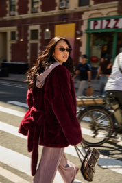 Aster Tie Waist Faux Fur Coat in Burgundy - product photo 1