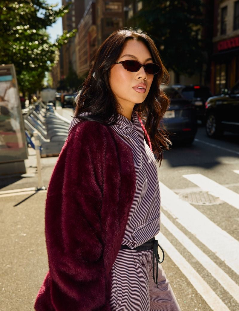 Aster Tie Waist Faux Fur Coat in Burgundy - product photo 2