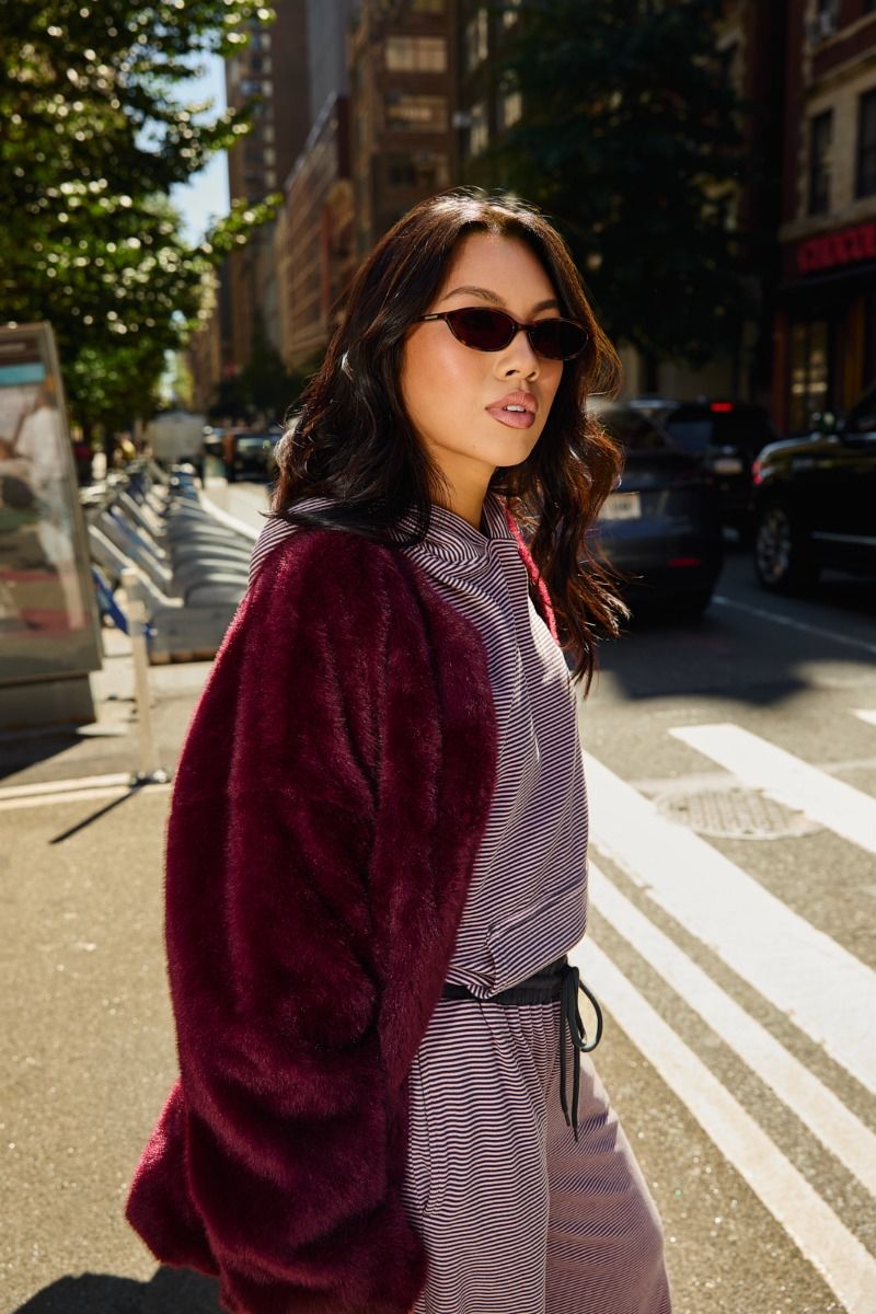 Aster Tie Waist Faux Fur Coat in Burgundy - product photo 2
