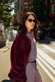 Aster Tie Waist Faux Fur Coat in Burgundy - product photo 2