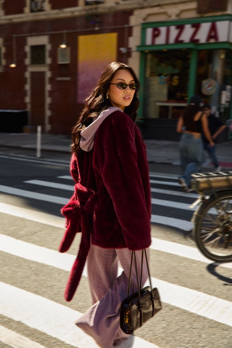 Aster Tie Waist Faux Fur Coat in Burgundy - product photo 4