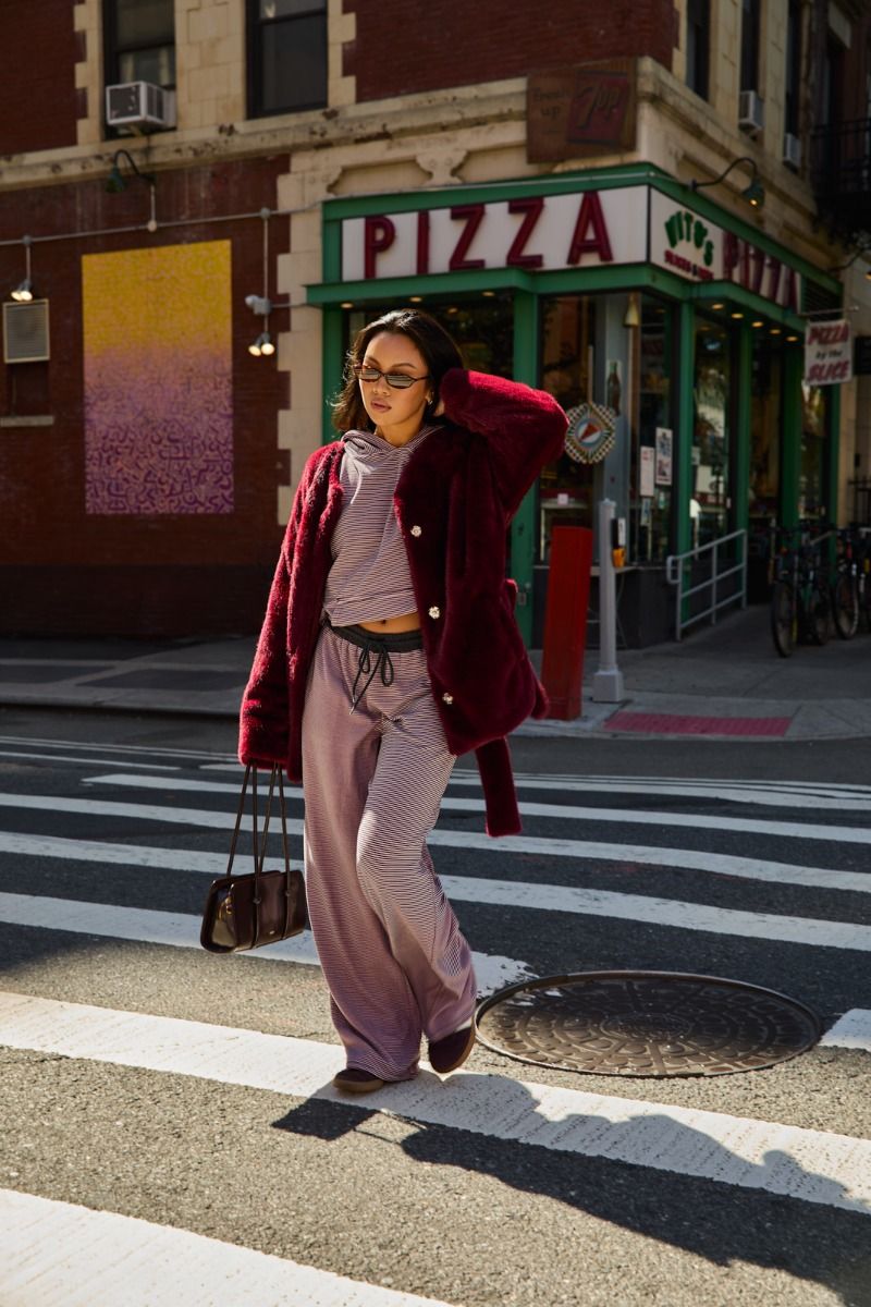 Aster Tie Waist Faux Fur Coat in Burgundy - product photo 6