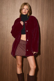 Aster Tie Waist Faux Fur Coat in Burgundy - product photo 8