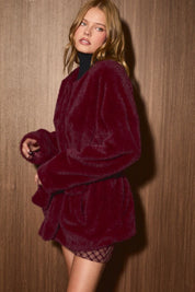 Aster Tie Waist Faux Fur Coat in Burgundy - product photo 10