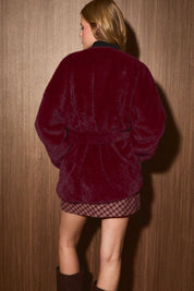 Aster Tie Waist Faux Fur Coat in Burgundy - product photo 11