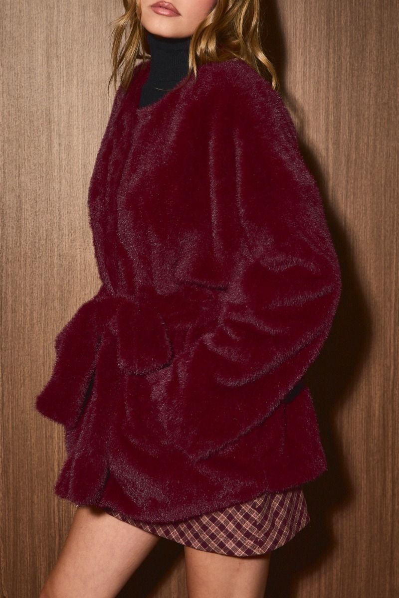Aster Tie Waist Faux Fur Coat in Burgundy - product photo 13