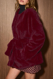 Aster Tie Waist Faux Fur Coat in Burgundy - product photo 13