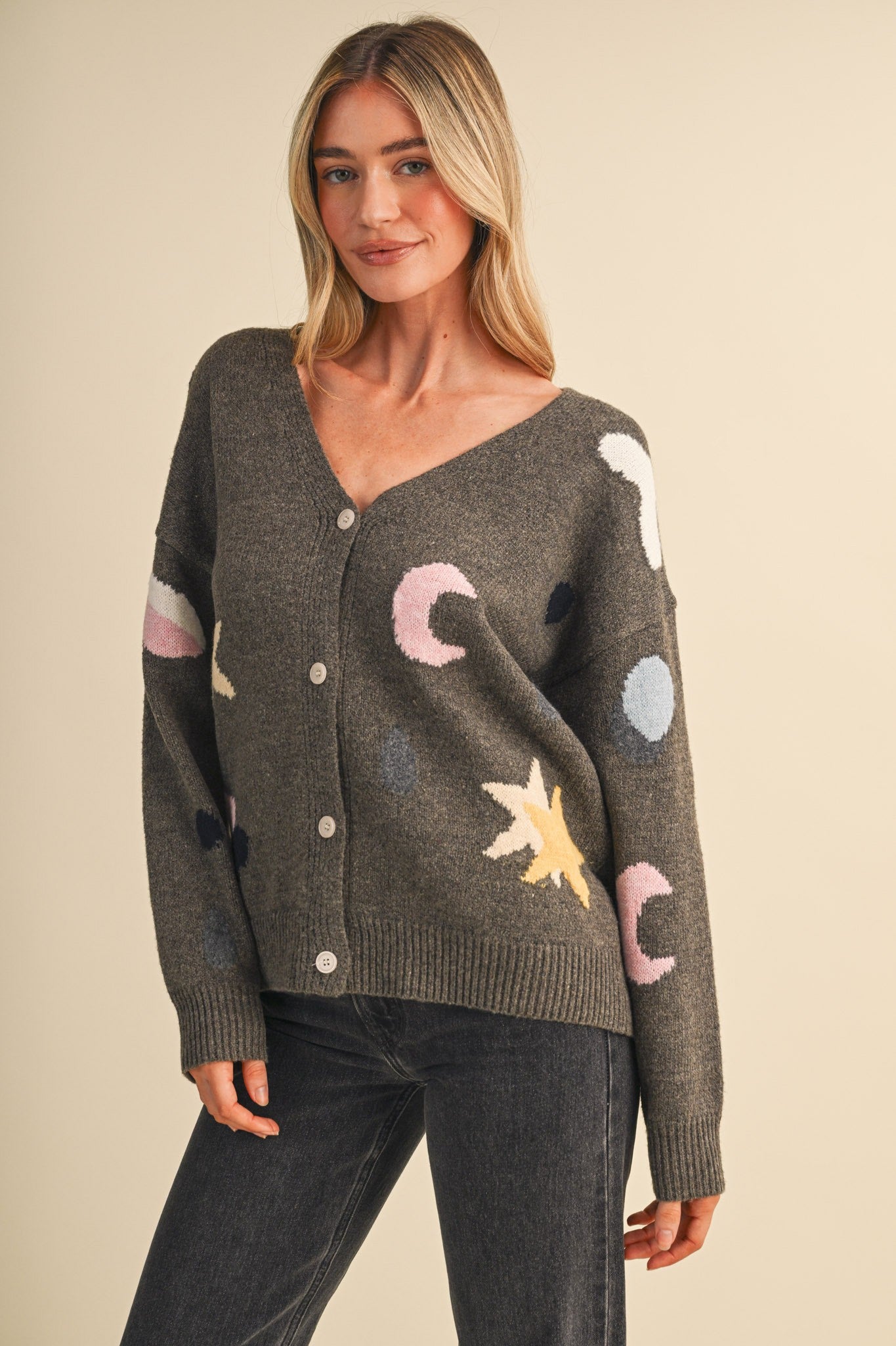Astronomers Club Celestial Knit Cardigan in Ash Brown Multi, photo 1