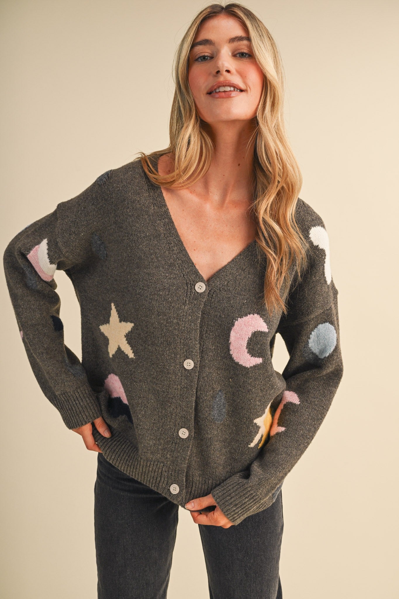 Astronomers Club Celestial Knit Cardigan in Ash Brown Multi, photo 3