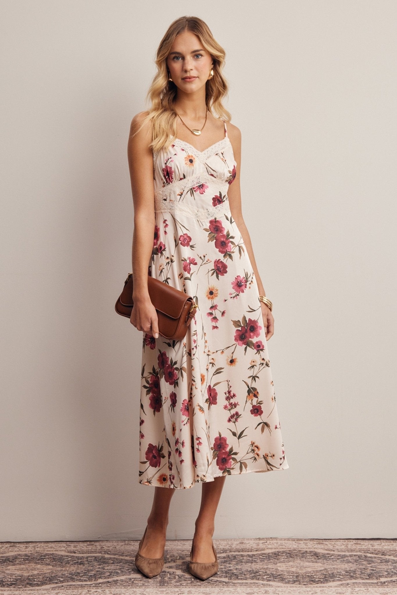 Atelier Floral Lace Trim Satin Midi Dress - Westly
