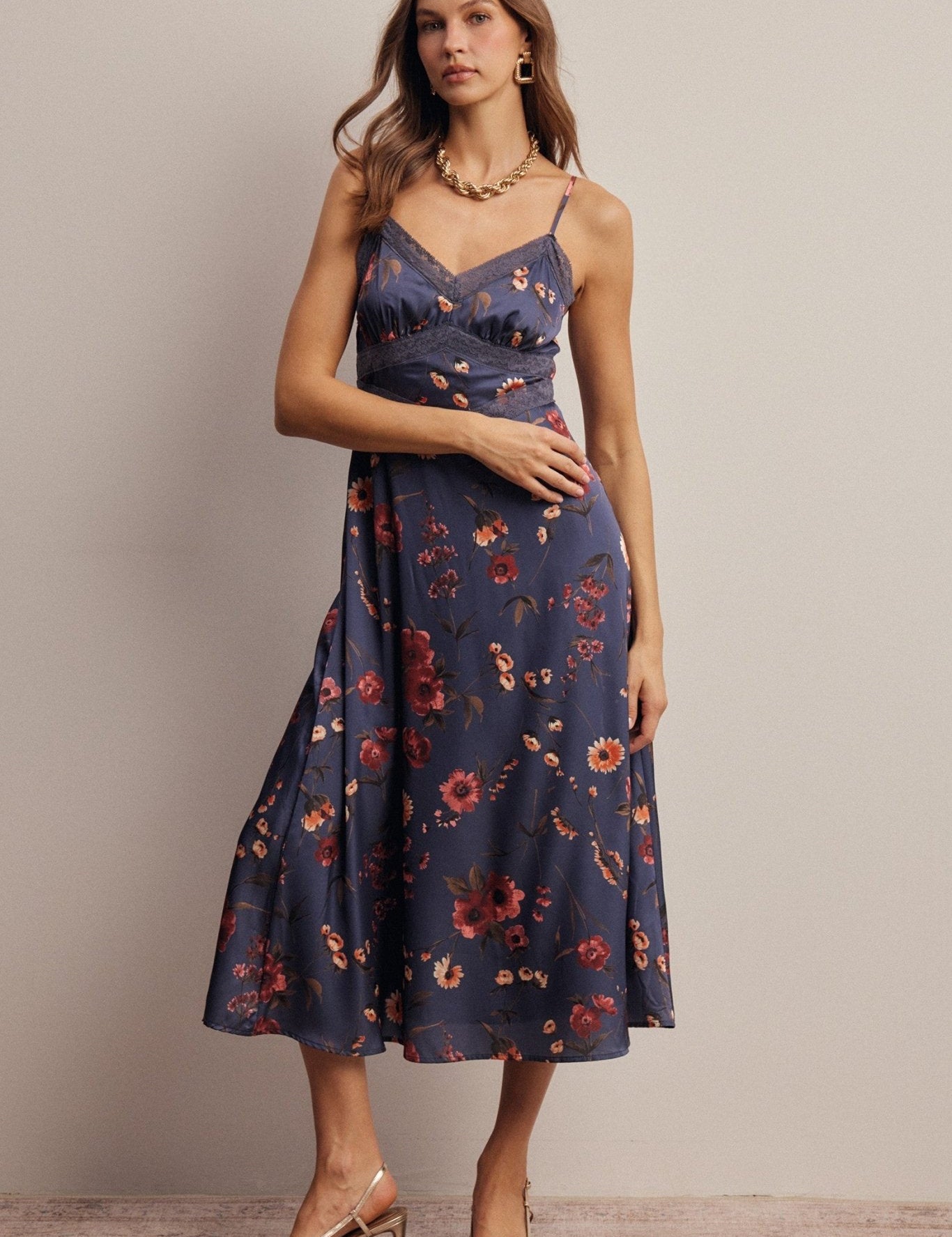 Atelier Floral Lace Trim Satin Midi Dress - Westly