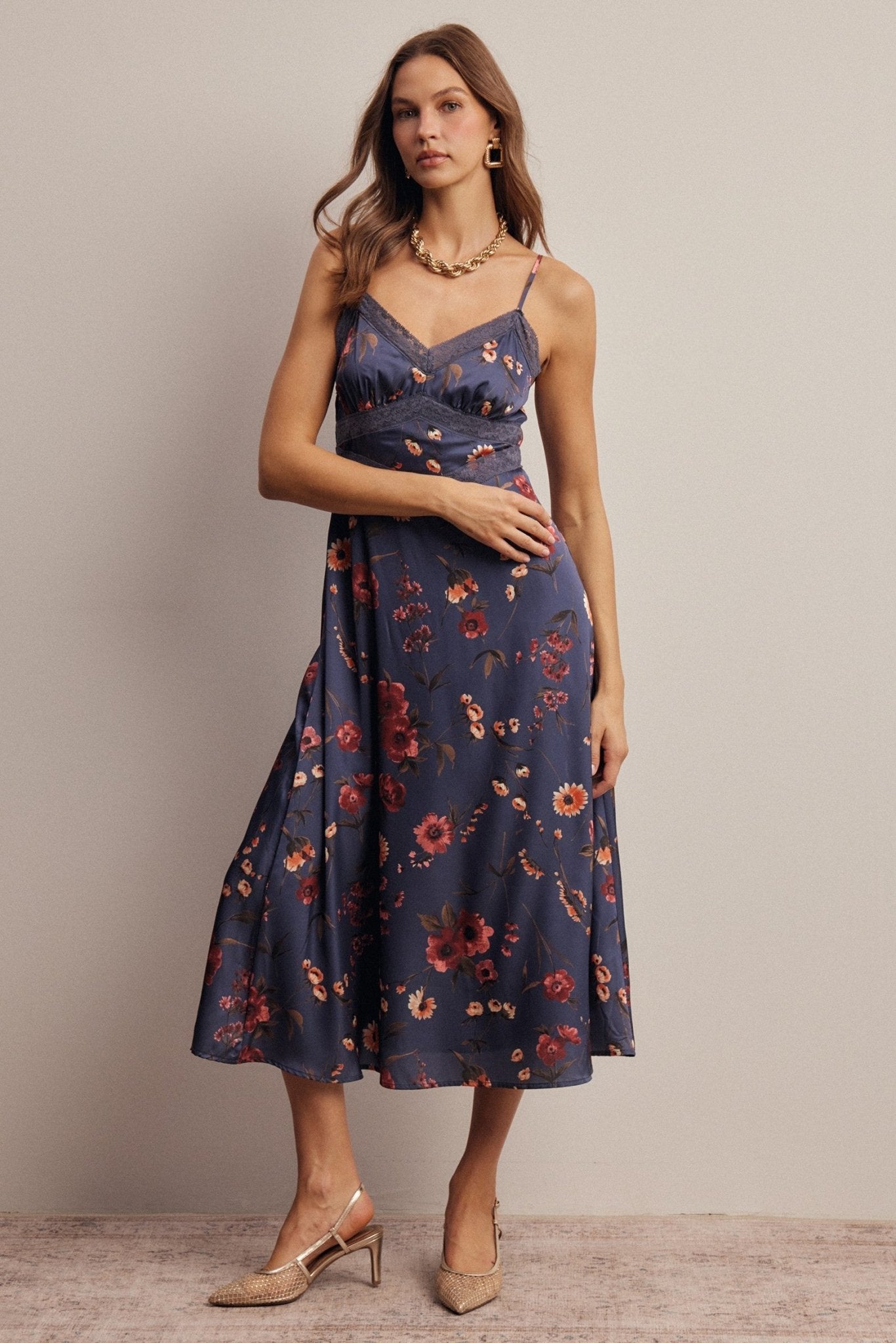 Atelier Floral Lace Trim Satin Midi Dress - Westly